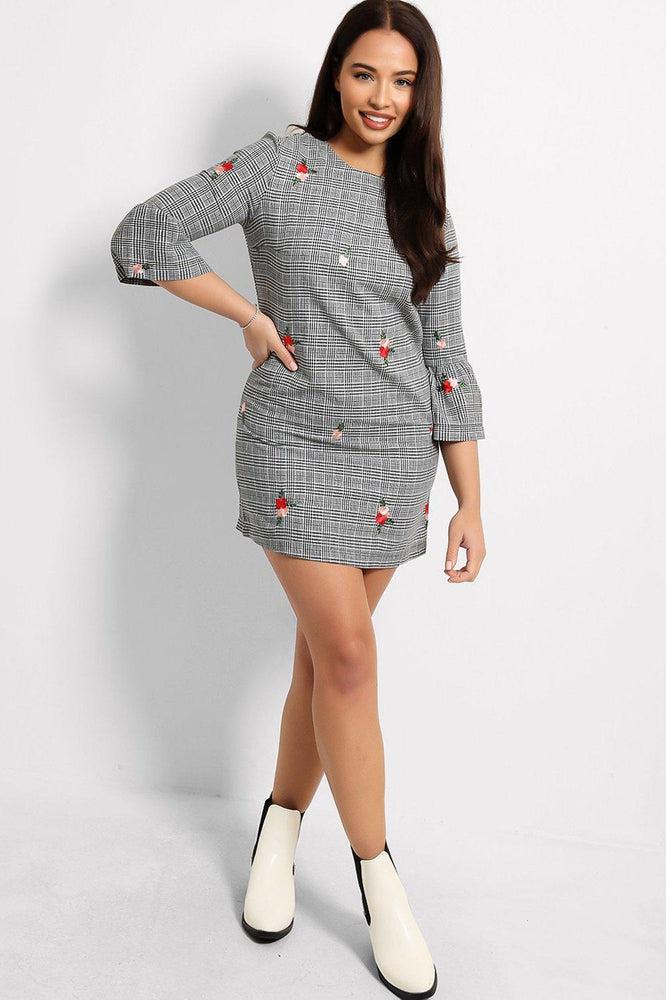 Grey Plaid Embroidered Floral Mini Dress-SinglePrice