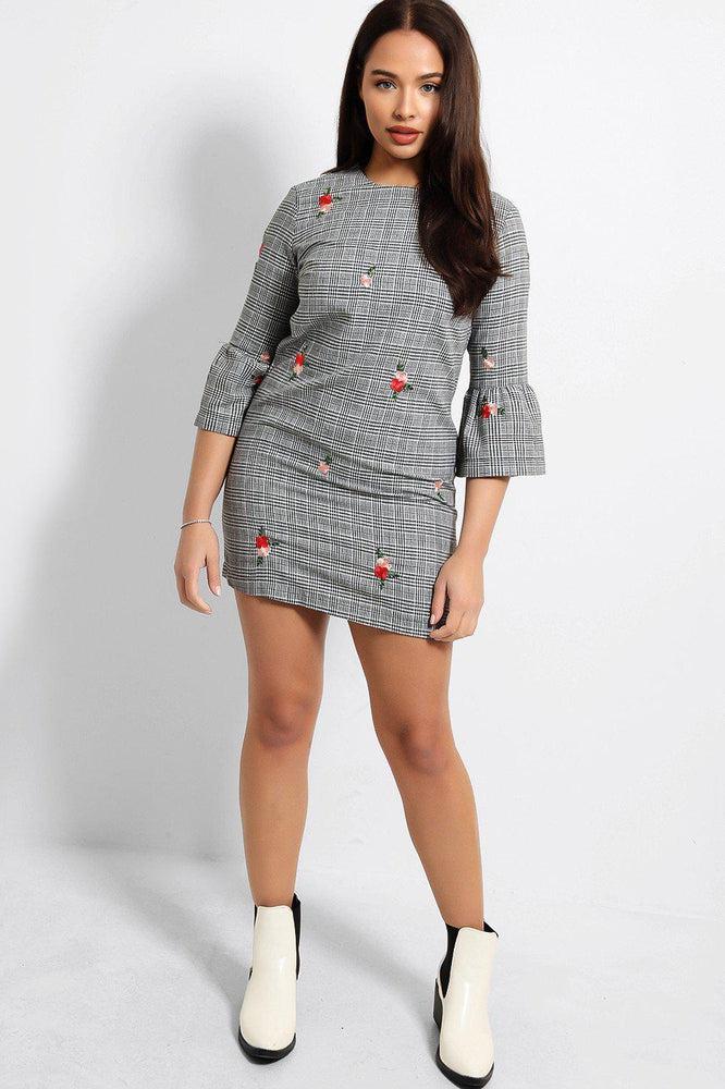 Grey Plaid Embroidered Floral Mini Dress-SinglePrice