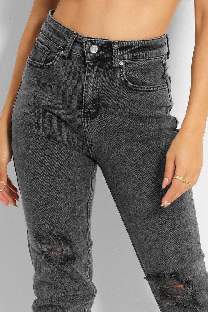 Dark Grey Distressed Knees High Waist Taper Jeans-SinglePrice