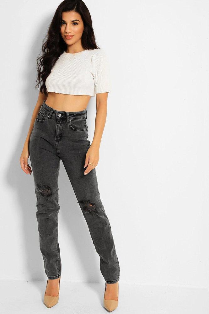 Dark Grey Distressed Knees High Waist Taper Jeans-SinglePrice