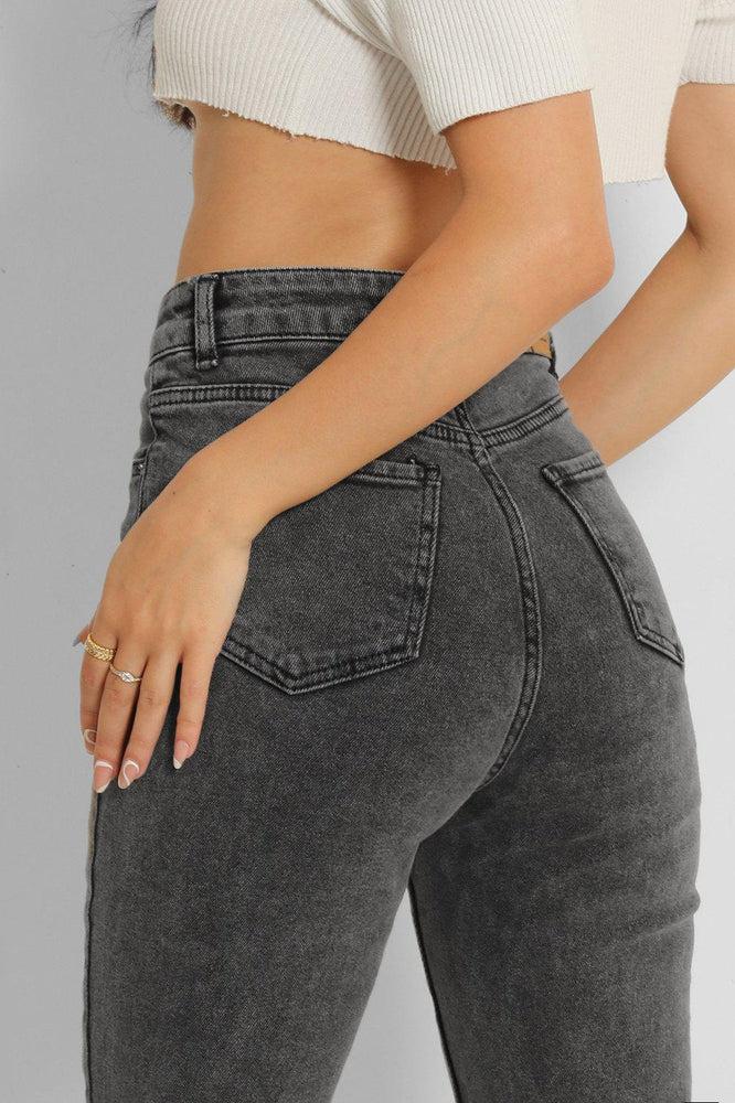 Dark Grey Distressed Knees High Waist Taper Jeans-SinglePrice