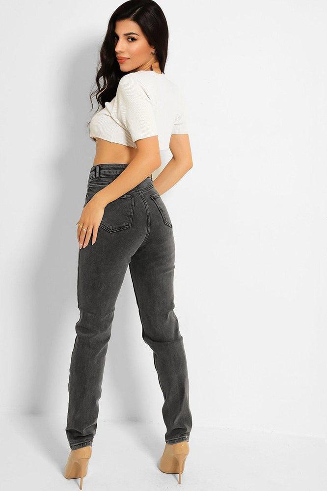 Dark Grey Distressed Knees High Waist Taper Jeans-SinglePrice