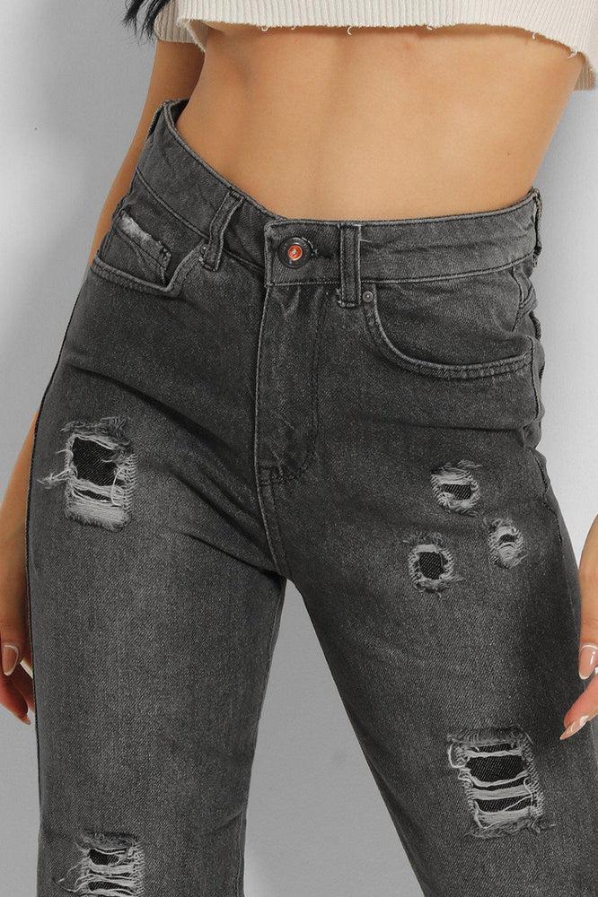 Ash Grey Distressed High Waist Taper Mom Jeans-SinglePrice