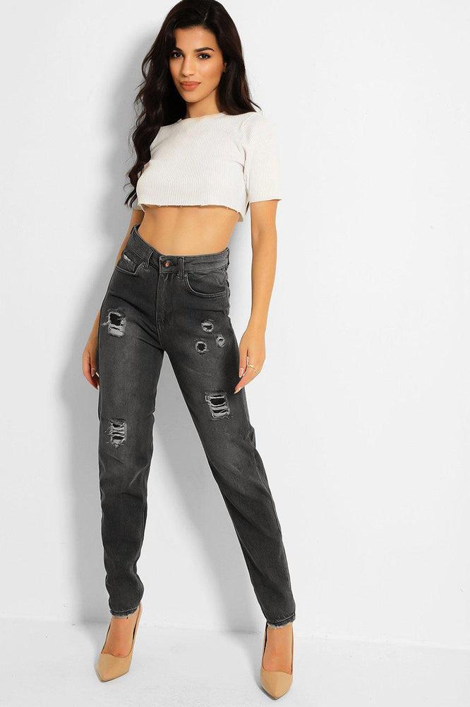 Ash Grey Distressed High Waist Taper Mom Jeans-SinglePrice