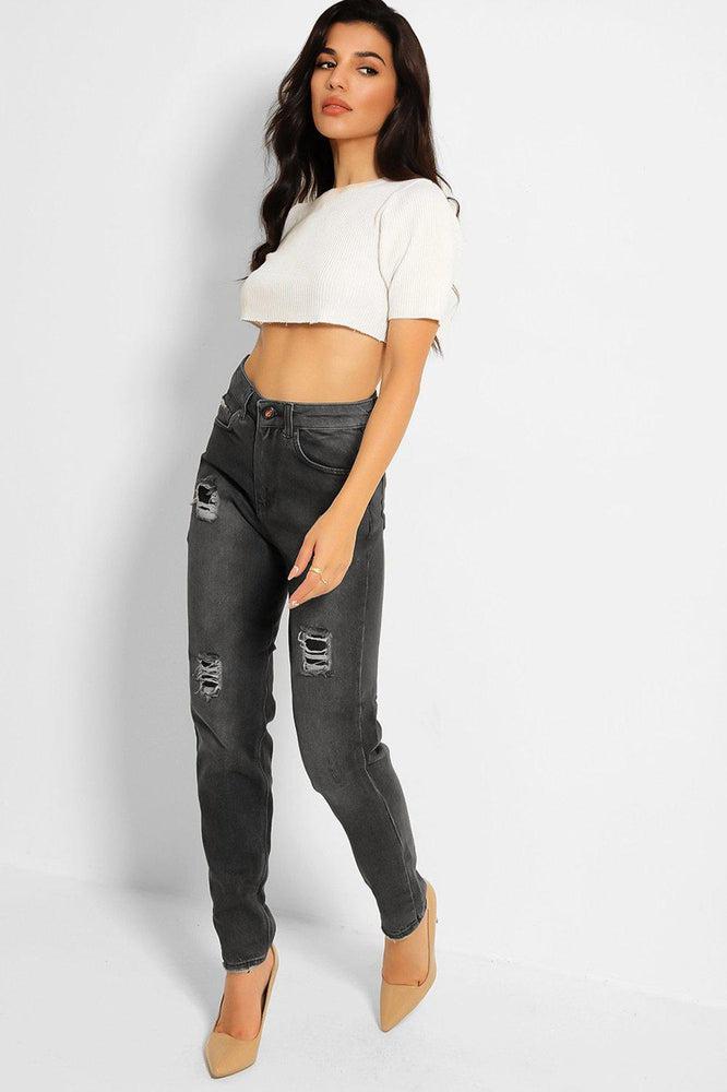 Ash Grey Distressed High Waist Taper Mom Jeans-SinglePrice