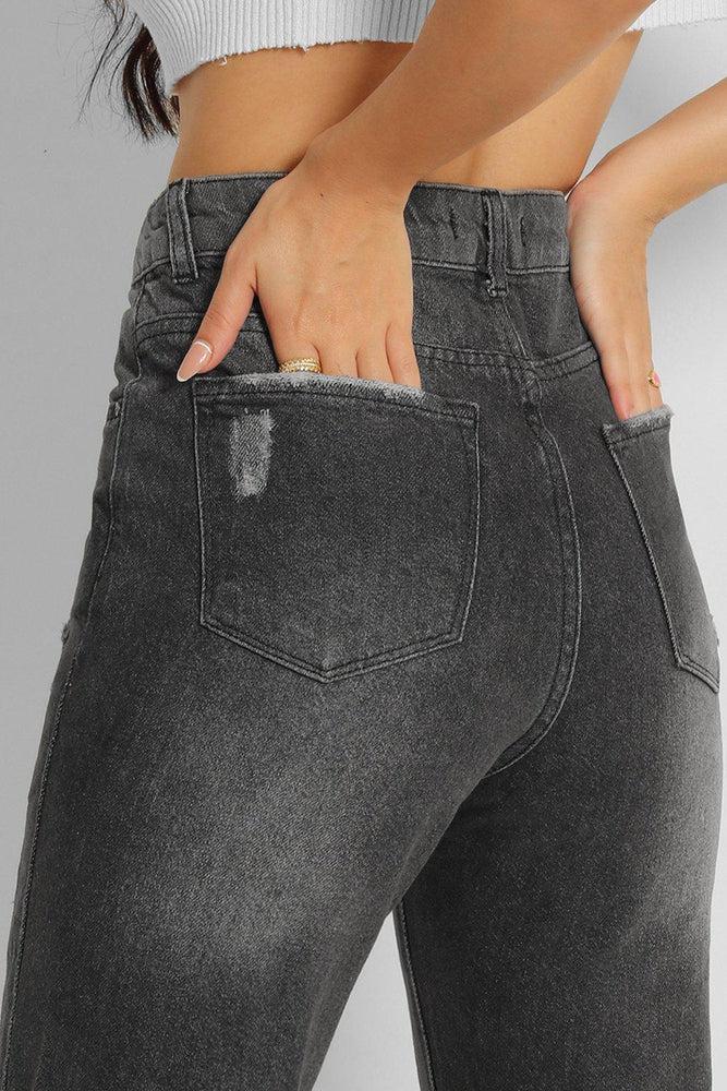 Ash Grey Distressed High Waist Taper Mom Jeans-SinglePrice