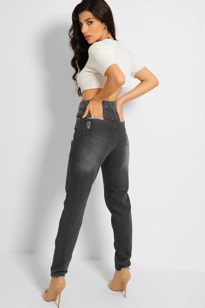 Ash Grey Distressed High Waist Taper Mom Jeans-SinglePrice