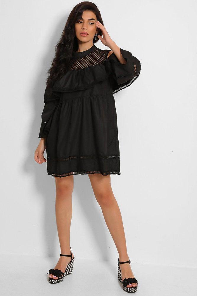 Black Net Panels Babydoll Dress-SinglePrice