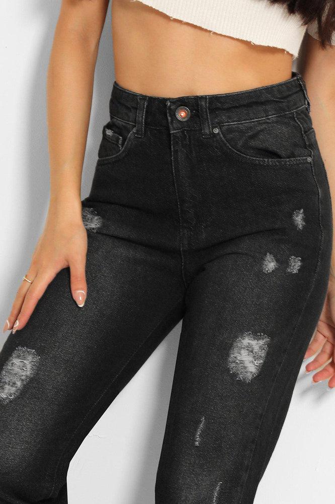 Charcoal Grey Distressed High Waist Taper Mom Jeans-SinglePrice