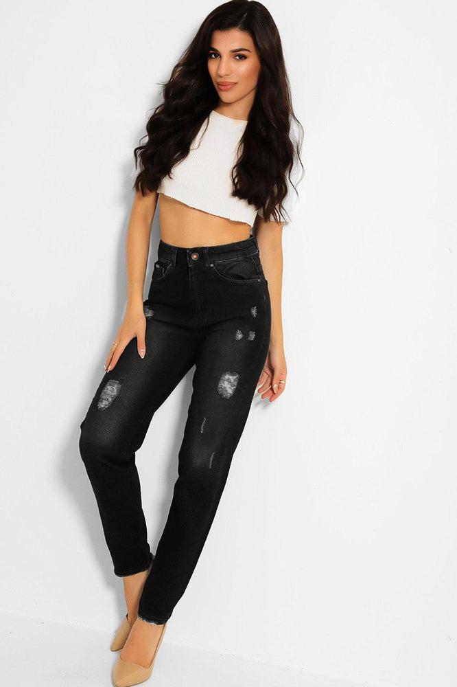 Charcoal Grey Distressed High Waist Taper Mom Jeans-SinglePrice