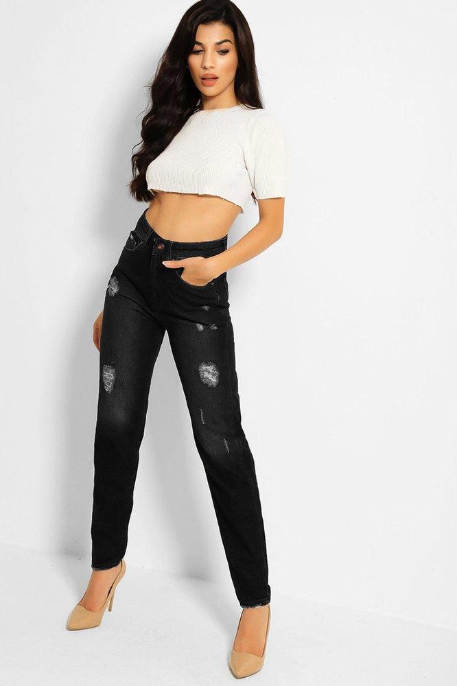 Charcoal Grey Distressed High Waist Taper Mom Jeans-SinglePrice