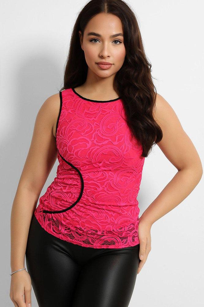 Hot Pink Ruched Lace Sleeveless Top-SinglePrice