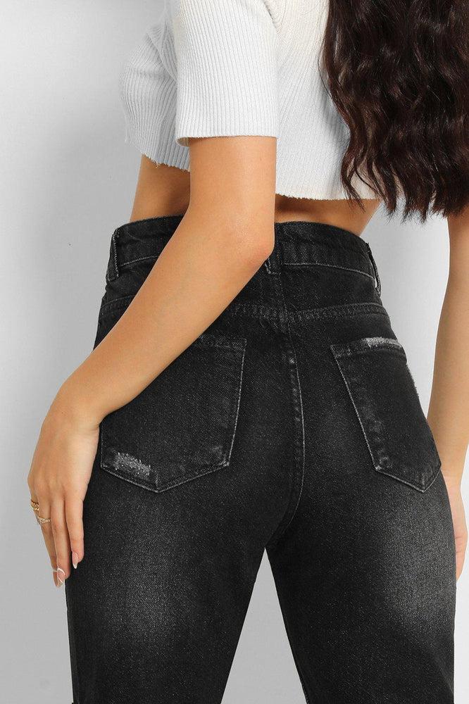 Charcoal Grey Distressed High Waist Taper Mom Jeans-SinglePrice