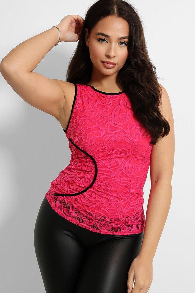 Hot Pink Ruched Lace Sleeveless Top-SinglePrice