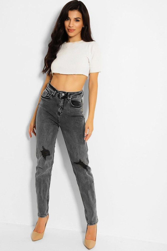 Dark Grey Ripped Knees High Waist Taper Jeans-SinglePrice