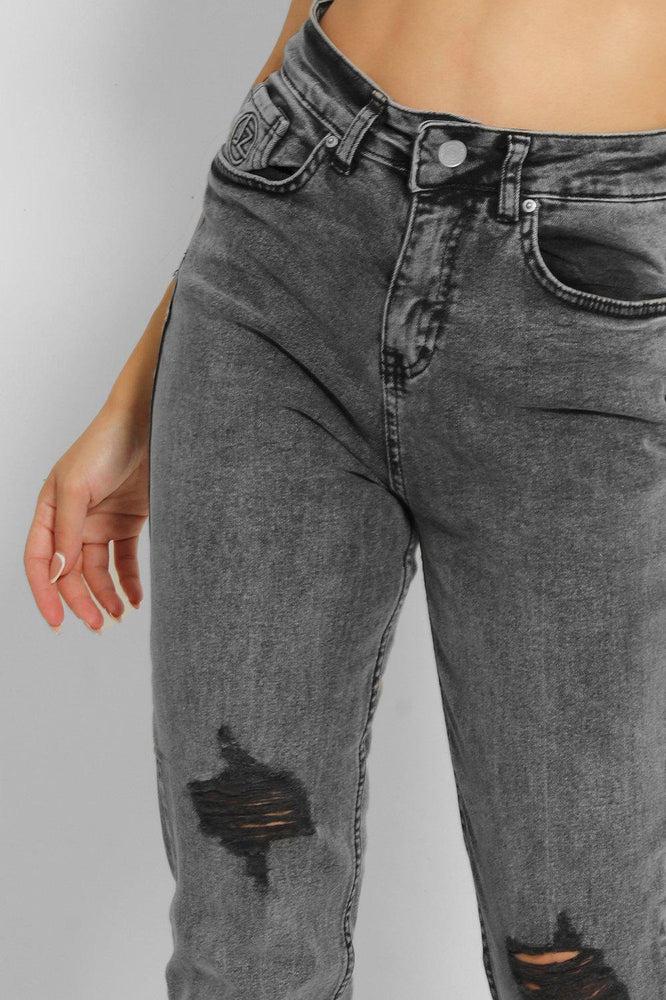 Dark Grey Ripped Knees High Waist Taper Jeans-SinglePrice