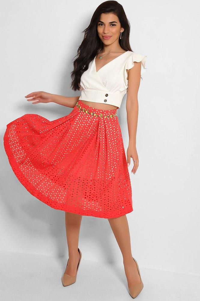 Coral Red Perforated Embellished Waist Skirt-SinglePrice
