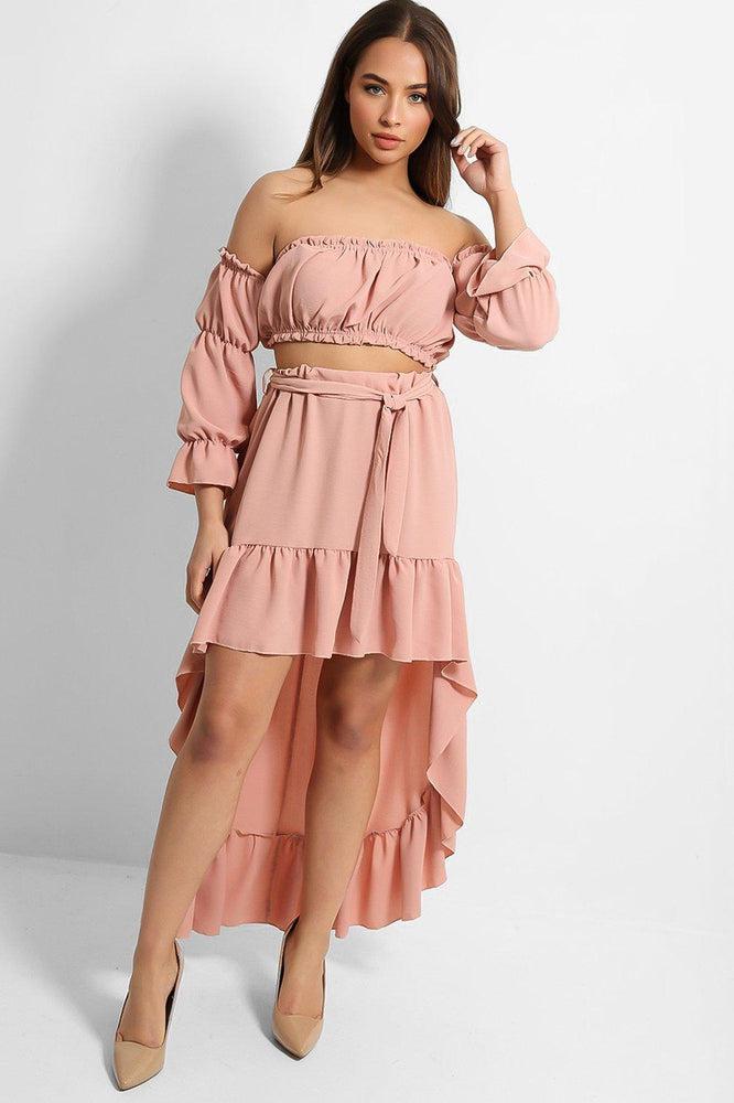 Pink High Low Skirt And Off Shoulder Top Set-SinglePrice