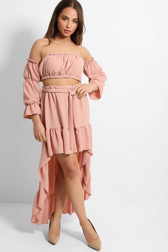 Pink High Low Skirt And Off Shoulder Top Set-SinglePrice