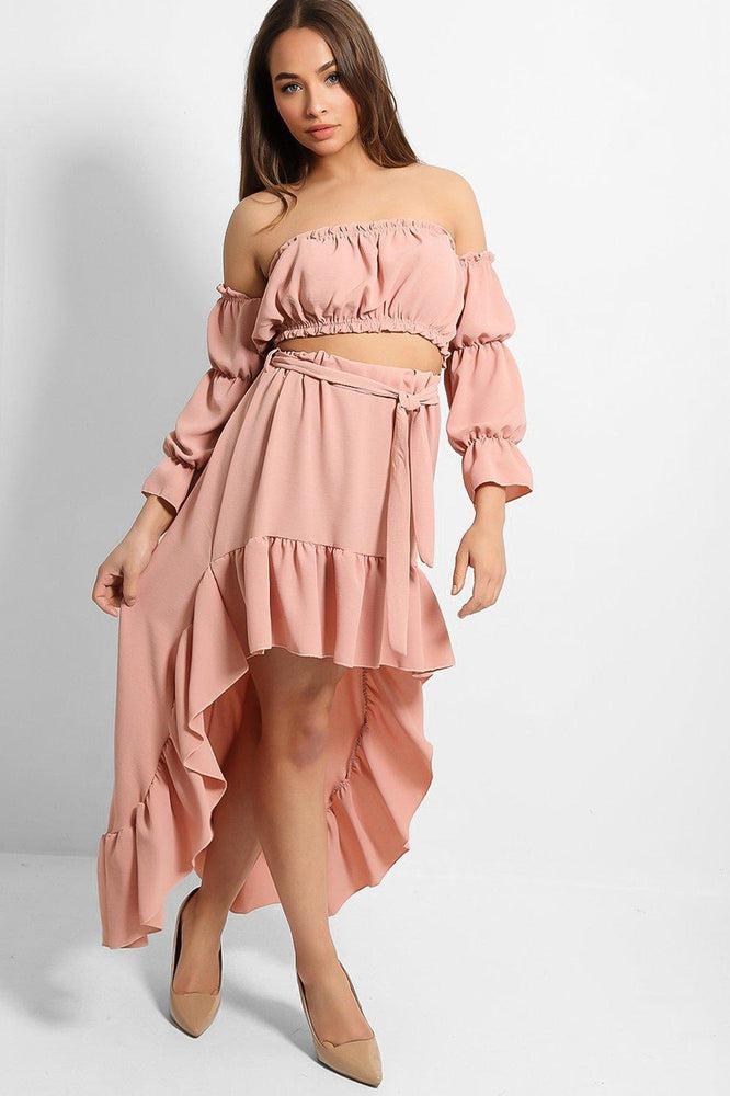 Pink High Low Skirt And Off Shoulder Top Set-SinglePrice