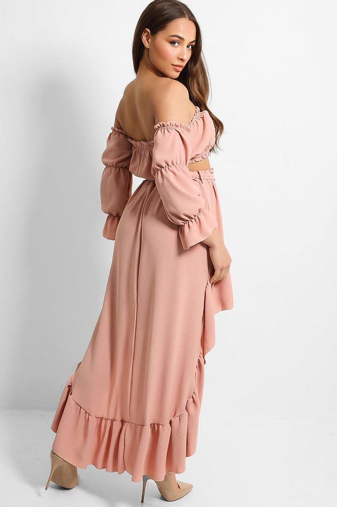 Pink High Low Skirt And Off Shoulder Top Set-SinglePrice