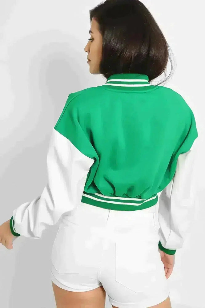 Vegan Leather Sleeves Cropped Varsity Jacket-SinglePrice