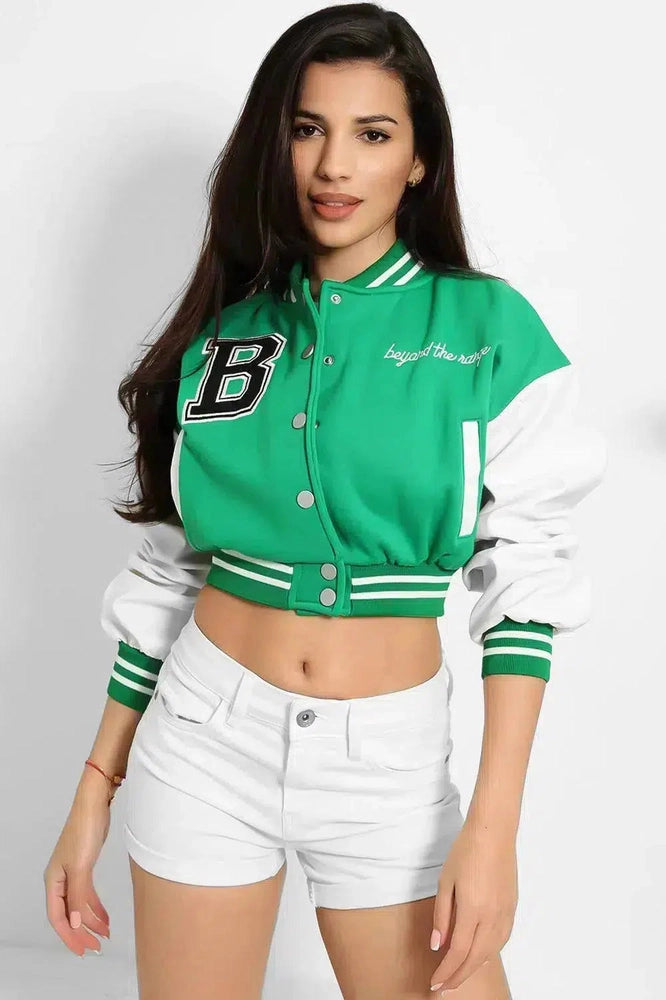 Vegan Leather Sleeves Cropped Varsity Jacket-SinglePrice