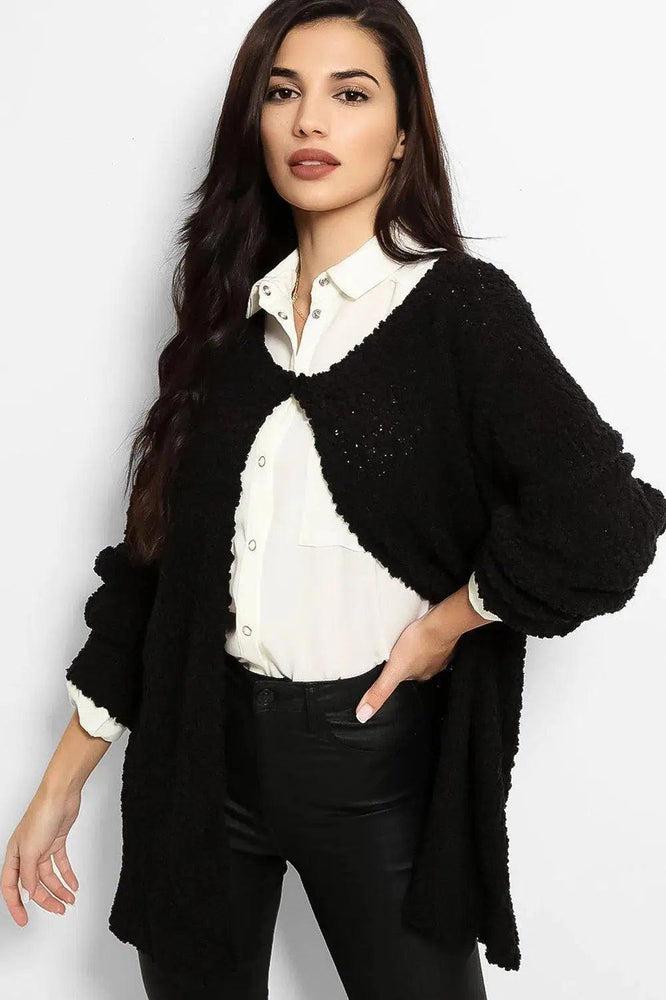 Black Boucle Knit One Button Cardigan-SinglePrice