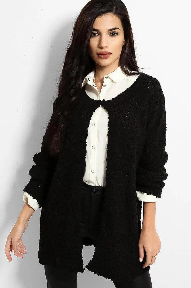 Black Boucle Knit One Button Cardigan-SinglePrice