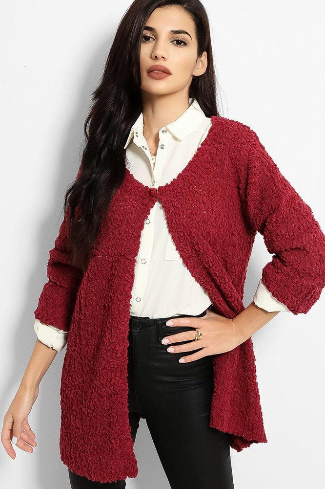 Burgundy Boucle Knit One Button Cardigan-SinglePrice