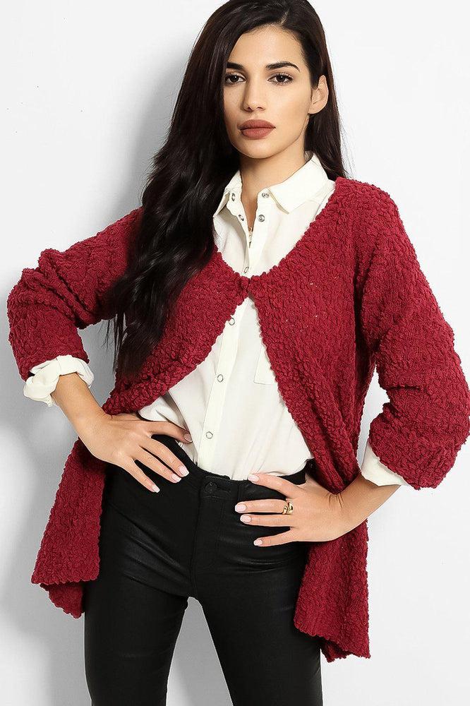 Burgundy Boucle Knit One Button Cardigan-SinglePrice