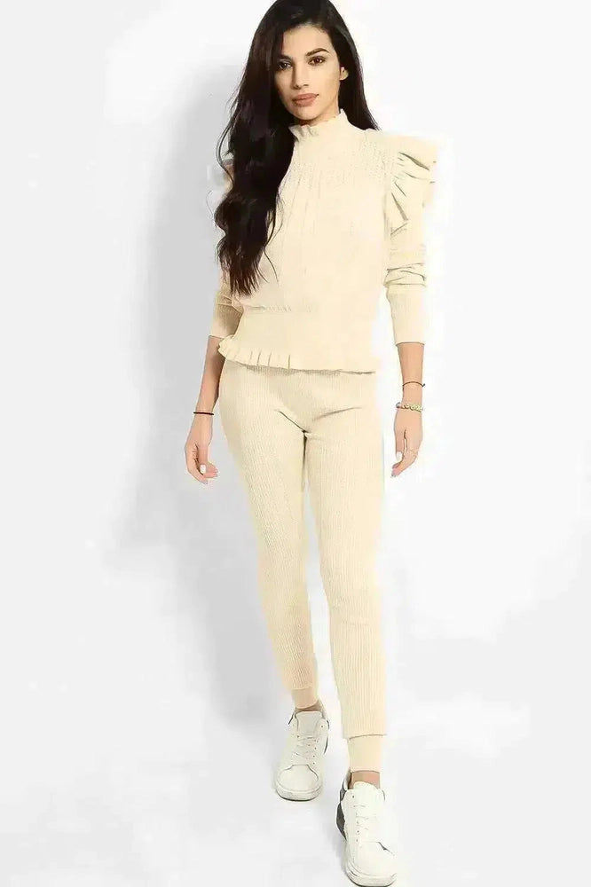 Beige Mesh Net Overlay Frilled Shoulder Knitted Set-SinglePrice