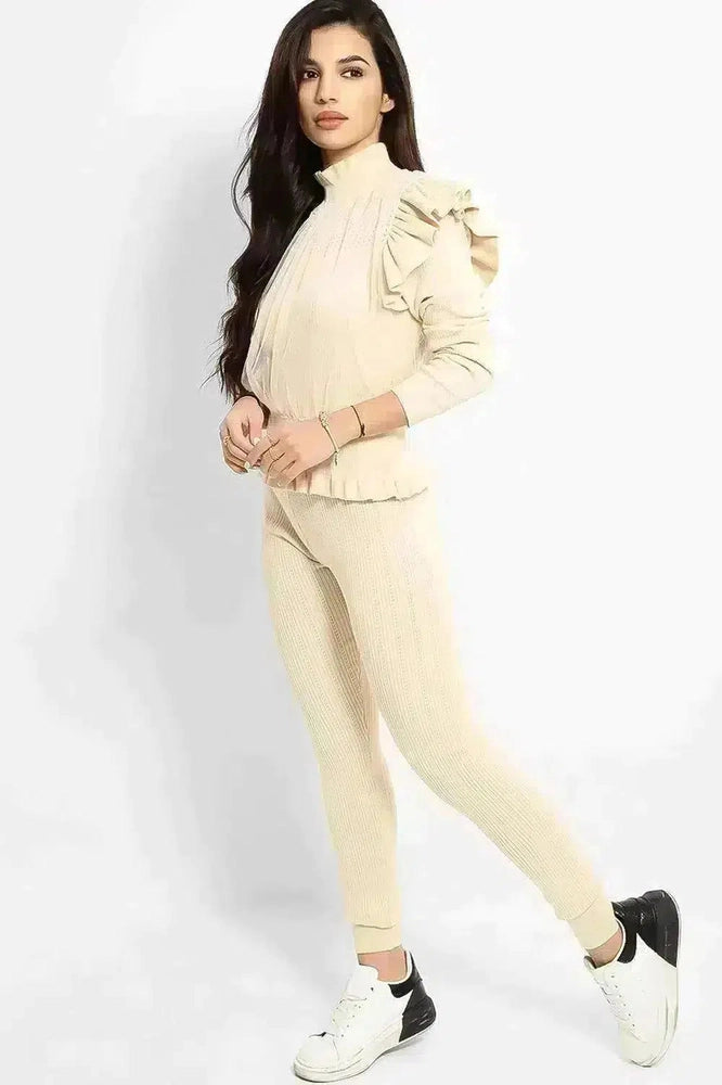 Beige Mesh Net Overlay Frilled Shoulder Knitted Set-SinglePrice