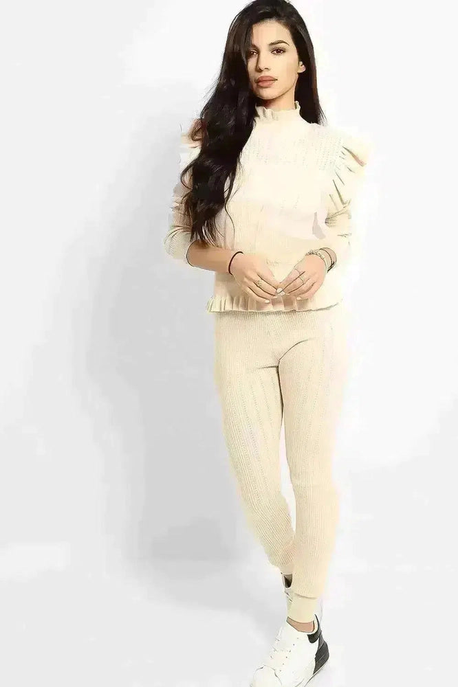 Beige Mesh Net Overlay Frilled Shoulder Knitted Set-SinglePrice
