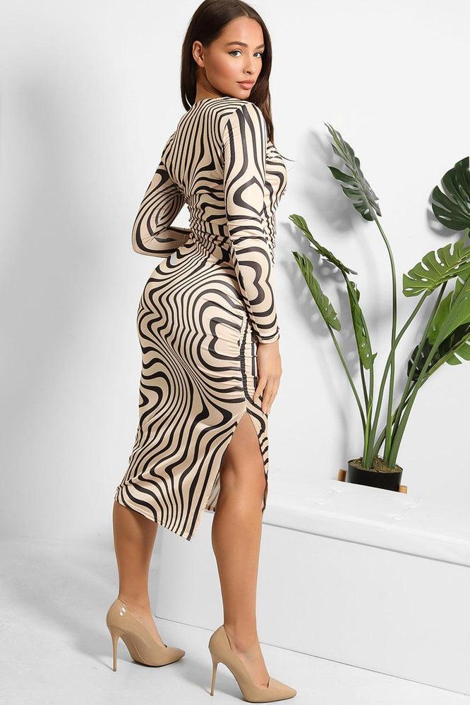 Mocha Zebra Print Ruched And Split Side Midi Dress-SinglePrice