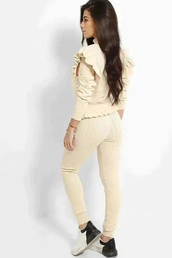 Beige Mesh Net Overlay Frilled Shoulder Knitted Set-SinglePrice