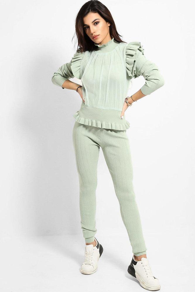 Mint Mesh Net Overlay Frilled Shoulder Knitted Set-SinglePrice