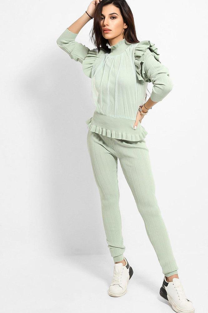 Mint Mesh Net Overlay Frilled Shoulder Knitted Set-SinglePrice