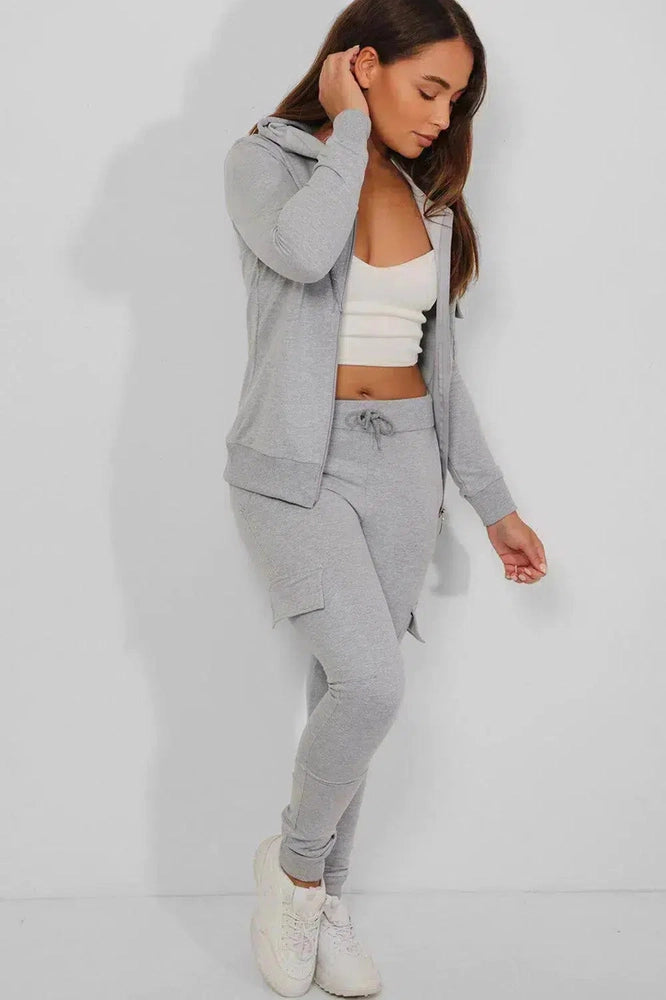 Grey Utility Pockets Hooded 2 Piece Tracksuit-SinglePrice