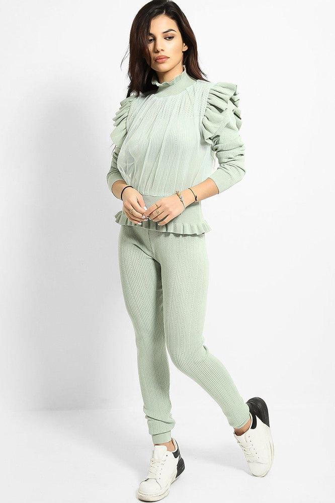 Mint Mesh Net Overlay Frilled Shoulder Knitted Set-SinglePrice