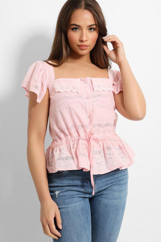Pink Crochet Details Drawstring Waist Top-SinglePrice
