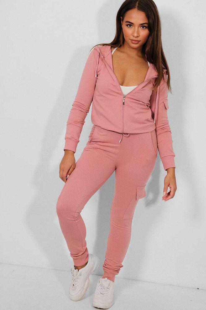 Pink Utility Pockets Hooded 2 Piece Tracksuit-SinglePrice