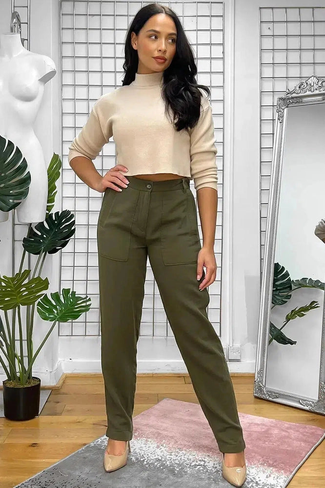 Olive Textured Fabric Casual Fit Trousers-SinglePrice