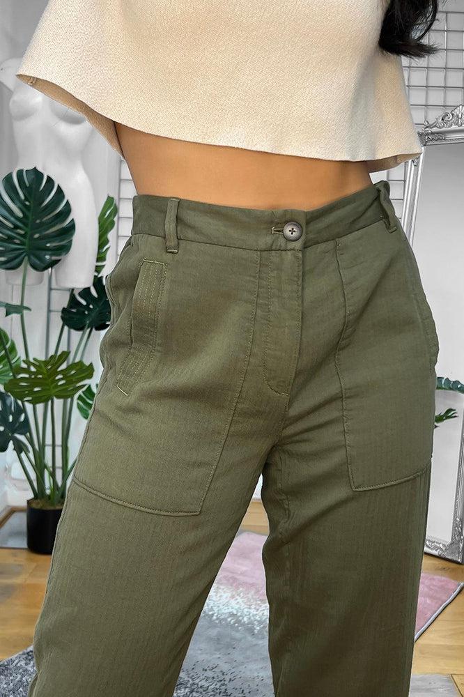 Olive Textured Fabric Casual Fit Trousers-SinglePrice