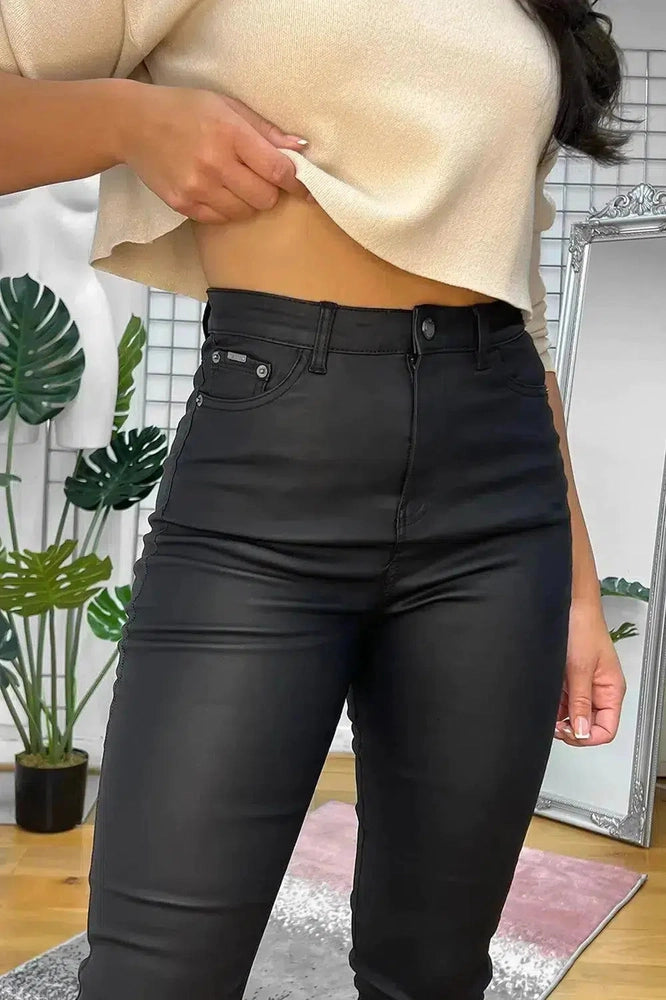 Black High Waisted Leather Coated Trousers-SinglePrice