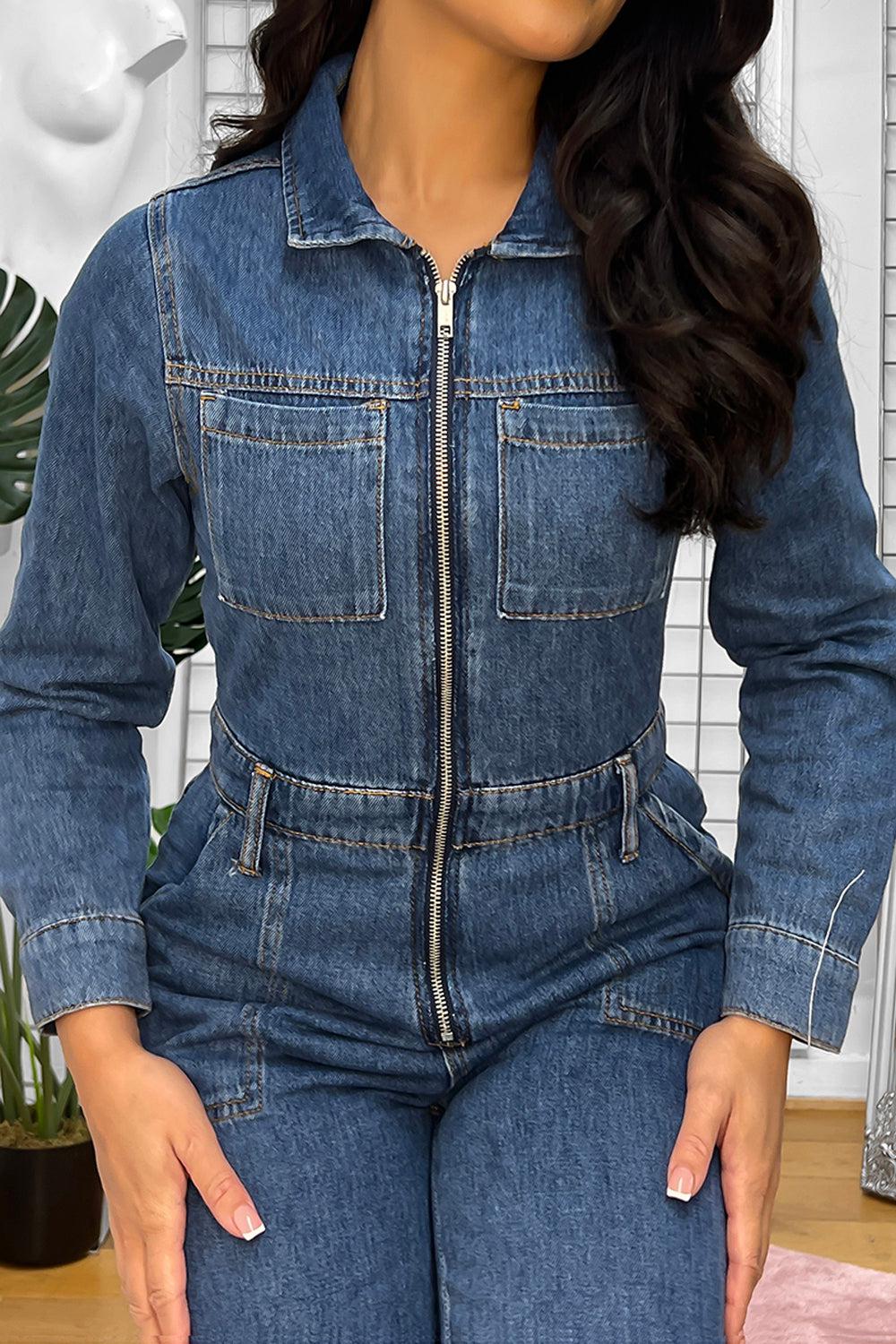 Distressed Denim Zip Details Romper Jumpsuit-SinglePrice