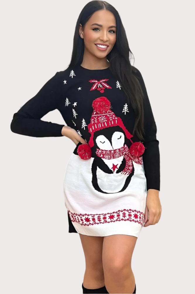 Black Penguin Design Christmas Jumper Dress-SinglePrice