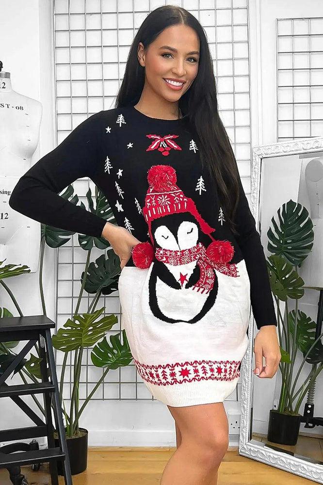 Black Penguin Design Christmas Jumper Dress-SinglePrice