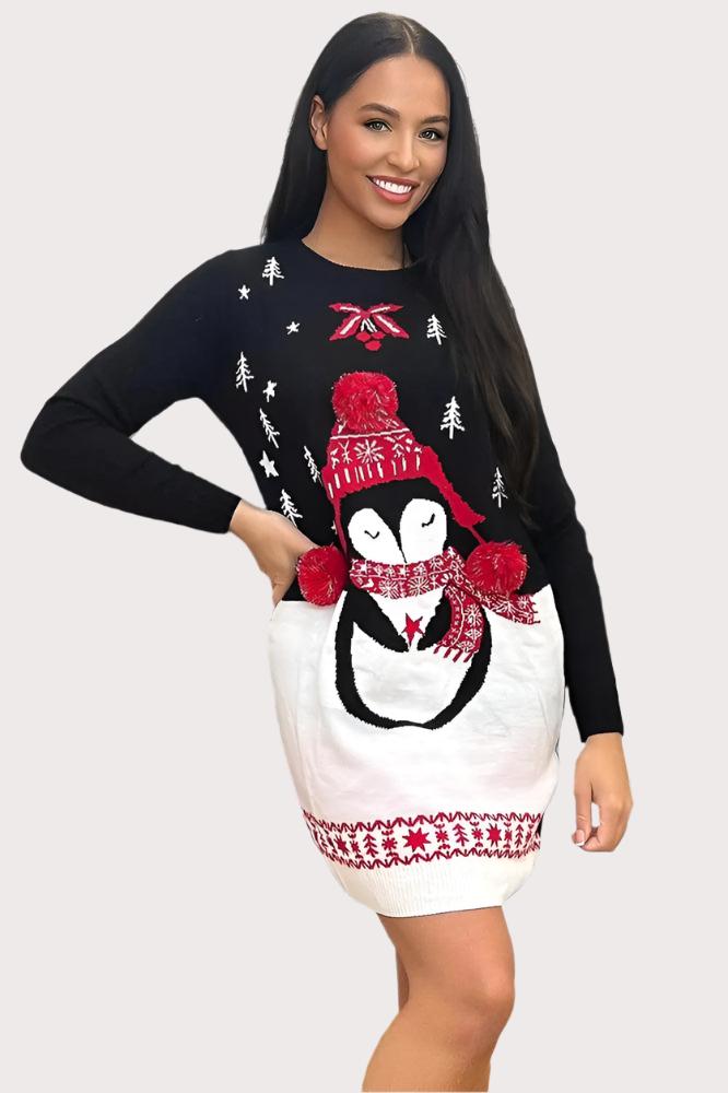 Black Penguin Design Christmas Jumper Dress-SinglePrice