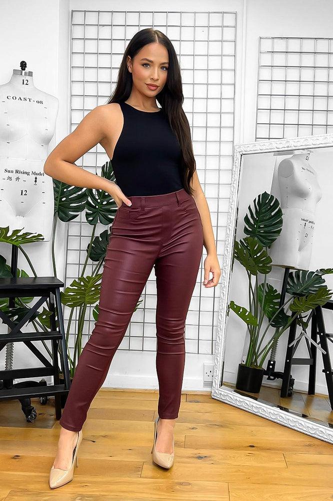 Elastic High Waist Leather Coated Jeggings-SinglePrice